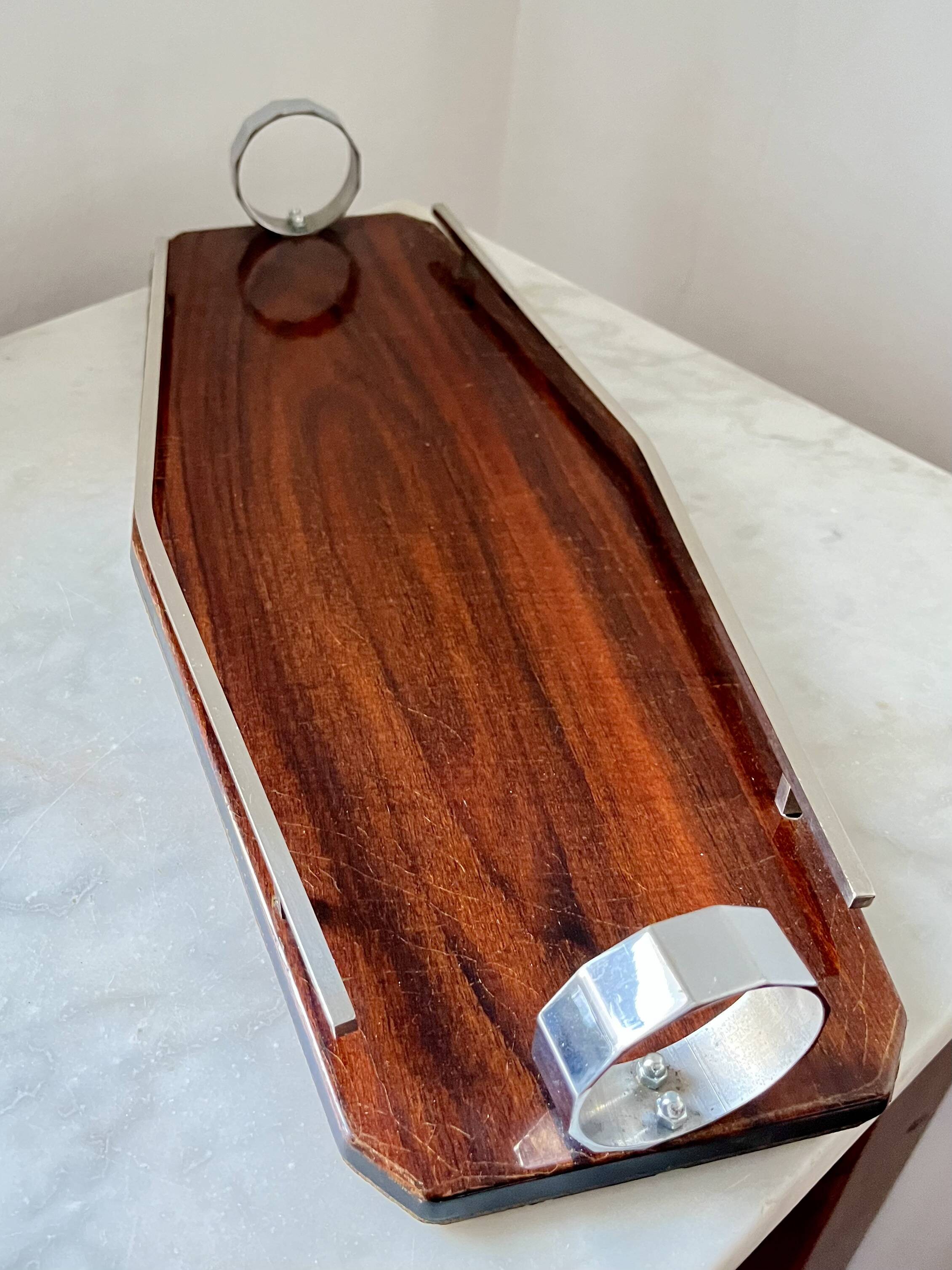 Plateau de service Art déco en bois et chrome – Design géométrique, vintage années 1930