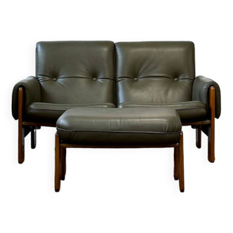 Olive sofa with footrest, 70's denmark, vintage, mid-c modern