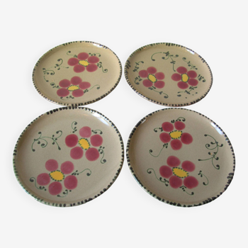 Lot de 4 anciennes grandes assiettes plates en céramique vernissée décor fleur