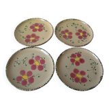 Set of 4 old large glazed ceramic flat plates with flower decor