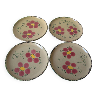 Lot de 4 anciennes grandes assiettes plates en céramique vernissée décor fleur