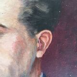 Old oil painting on cardboard portrait of a man in a blue suit