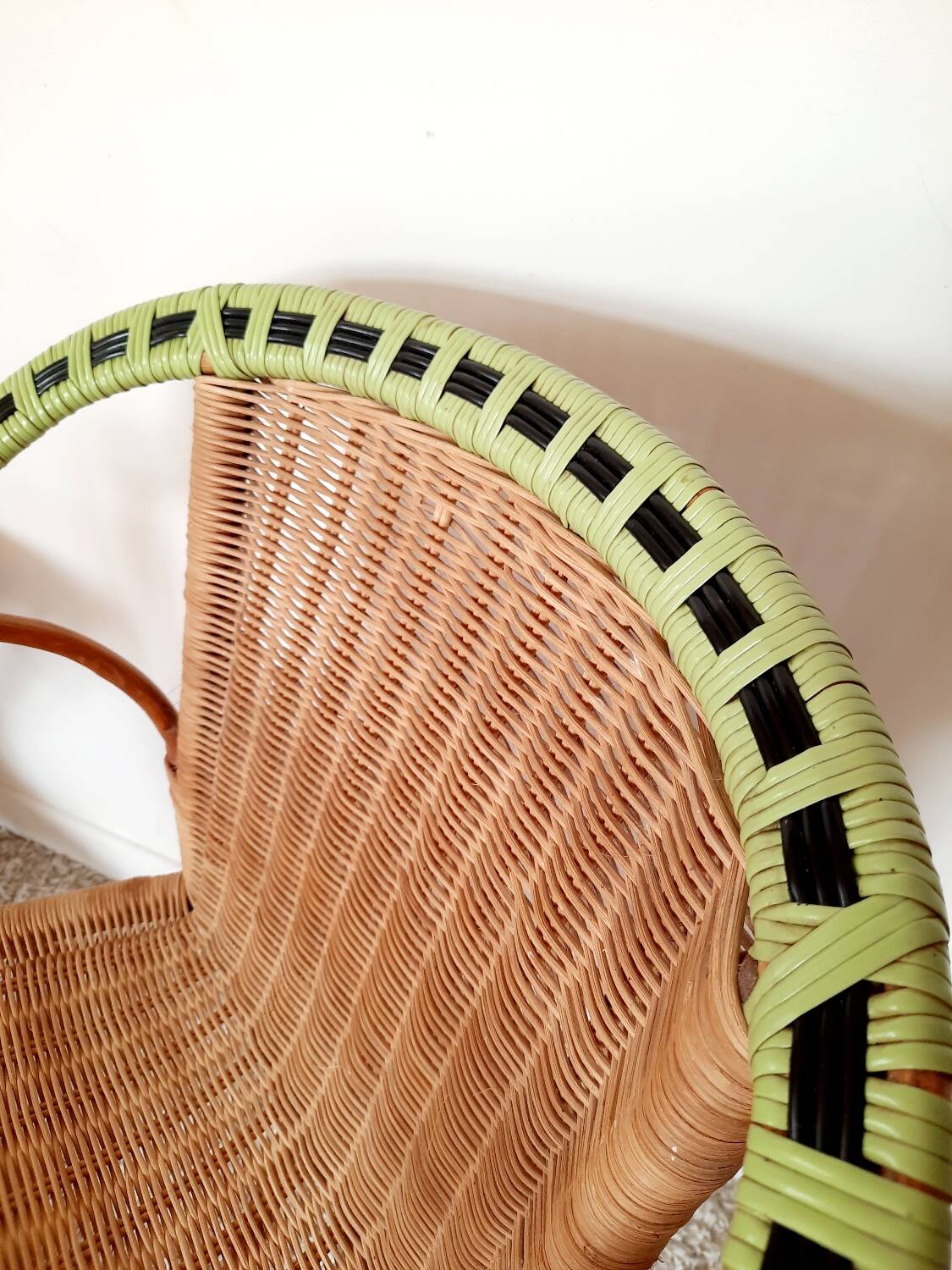 50s/60s rattan armchair with black apple green edging