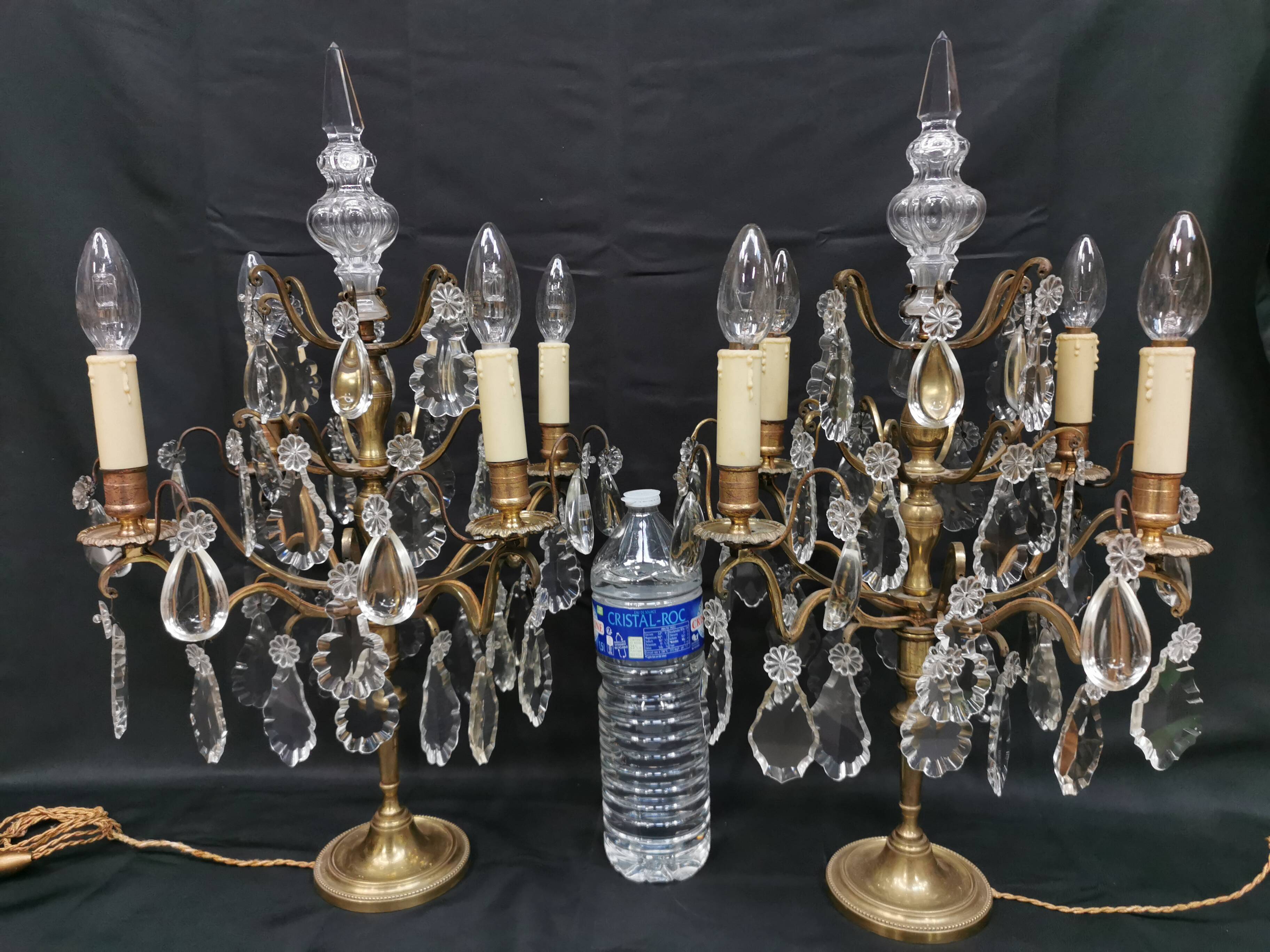 Pair of large electrified girandole candlesticks with crystal tassels