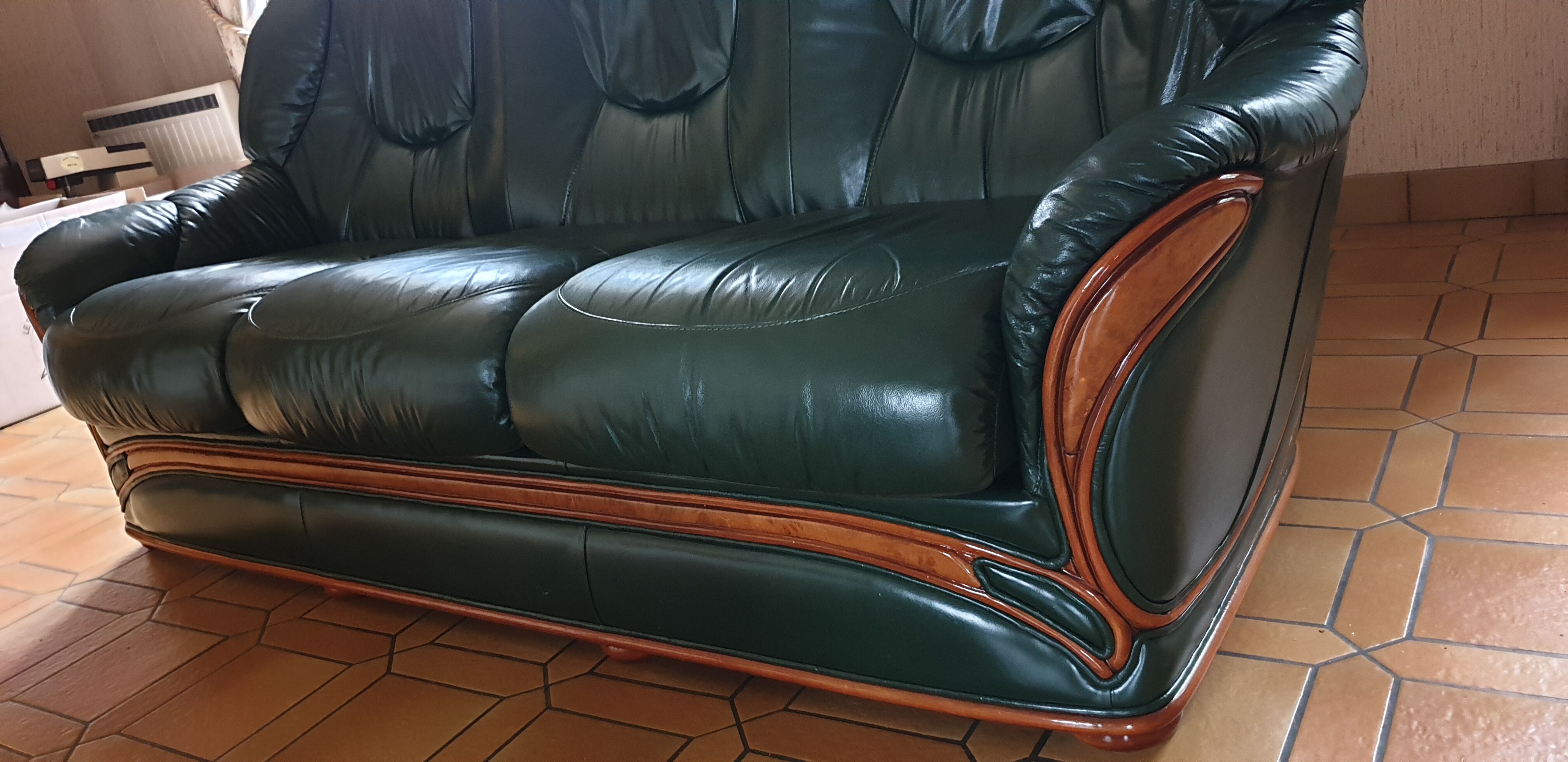 Sofa 3 seater green leather & wood