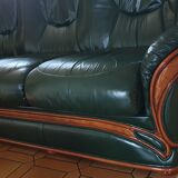 Sofa 3 seater green leather & wood