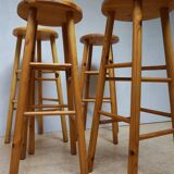 Set of 4 midcentury vintage high pine bar stools