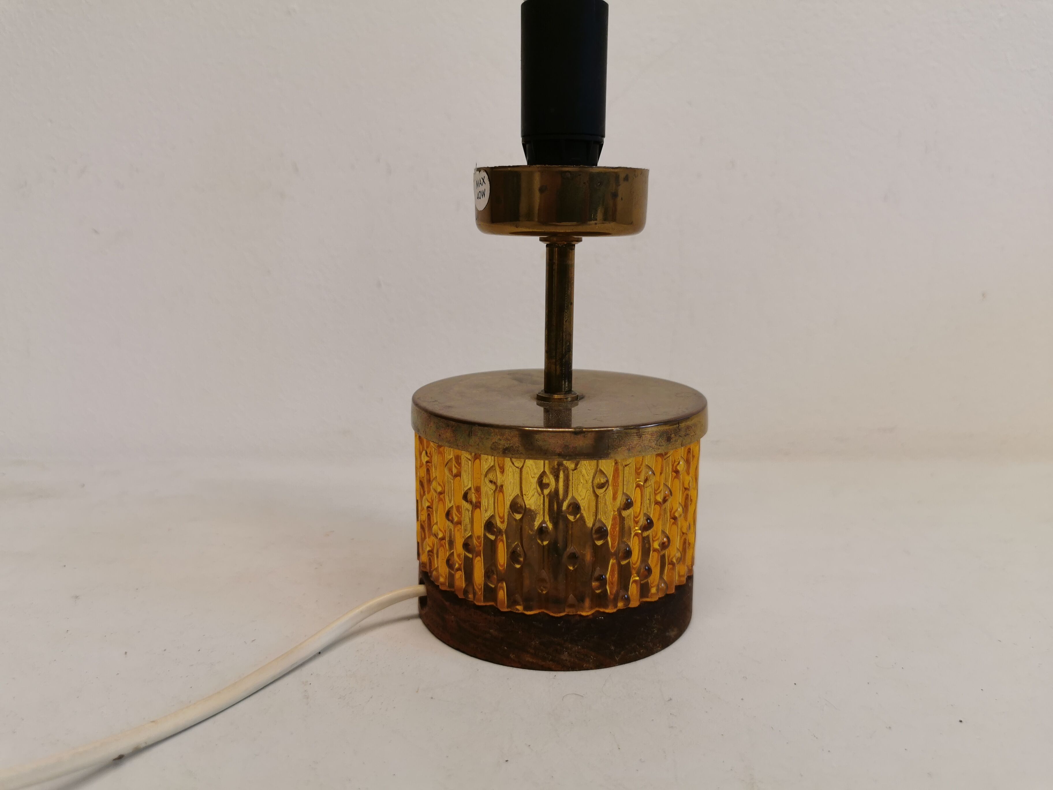 Swedish table lamp foot, made of wood, amber bubble glass and brass