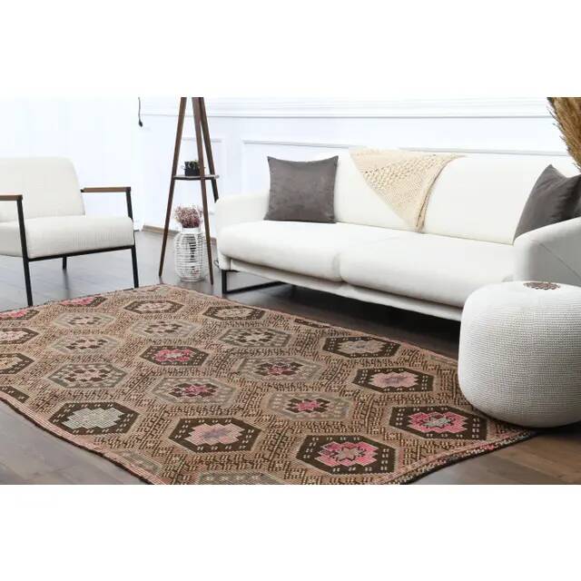 1970s Vintage Turkish Hand-Knotted Wool Cotton Brown Area Rug 166x286
