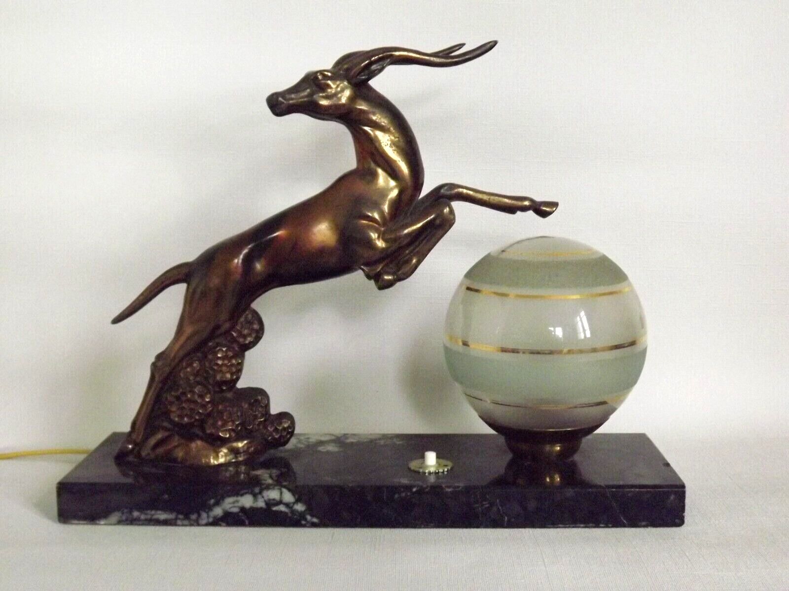 Vintage french art deco gazelle lamp black marble base round glass shade 3956