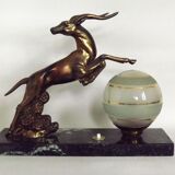 Vintage french art deco gazelle lamp black marble base round glass shade 3956