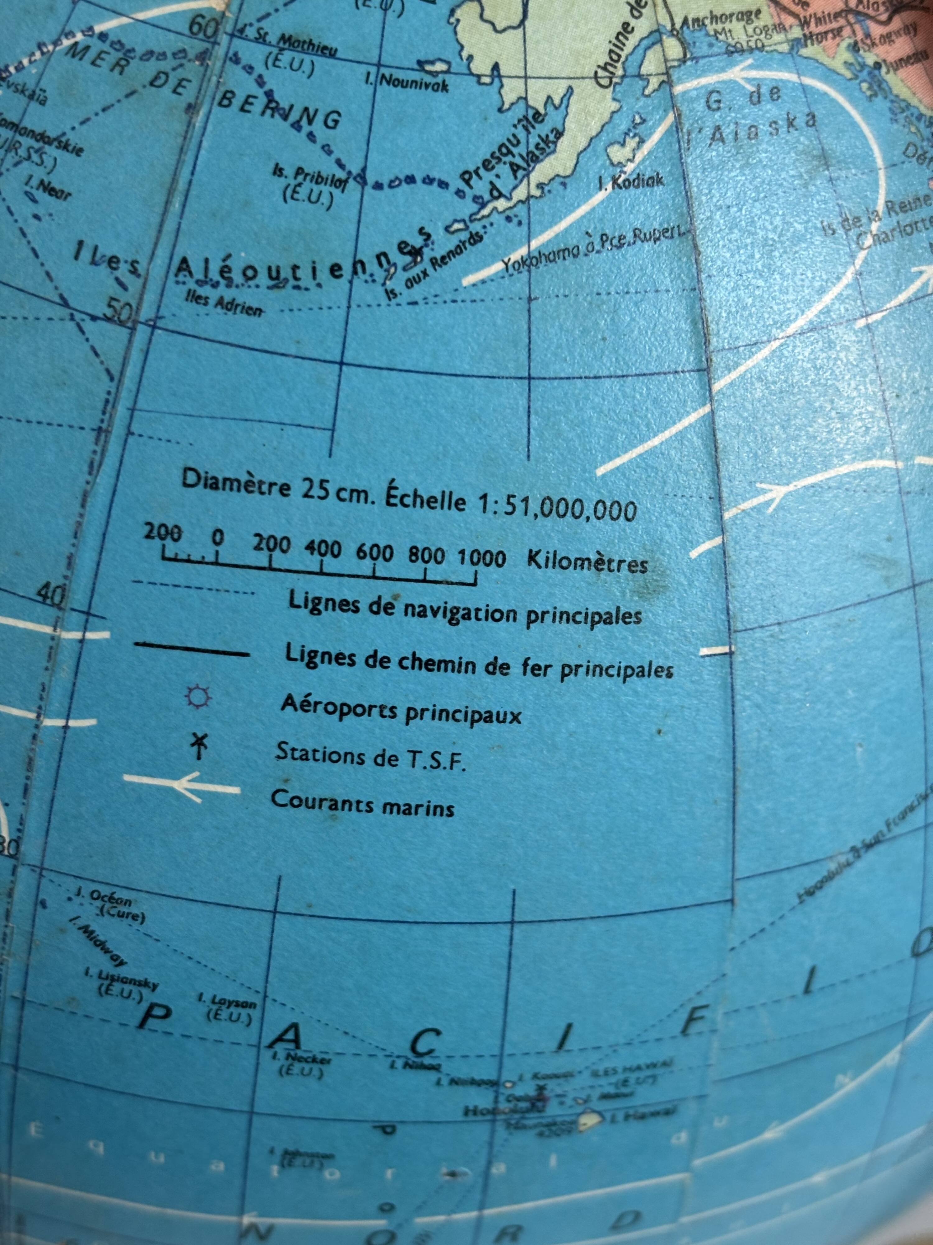 Globe vintage 1975 terrestre verre tripode doré Taride - 32 cm