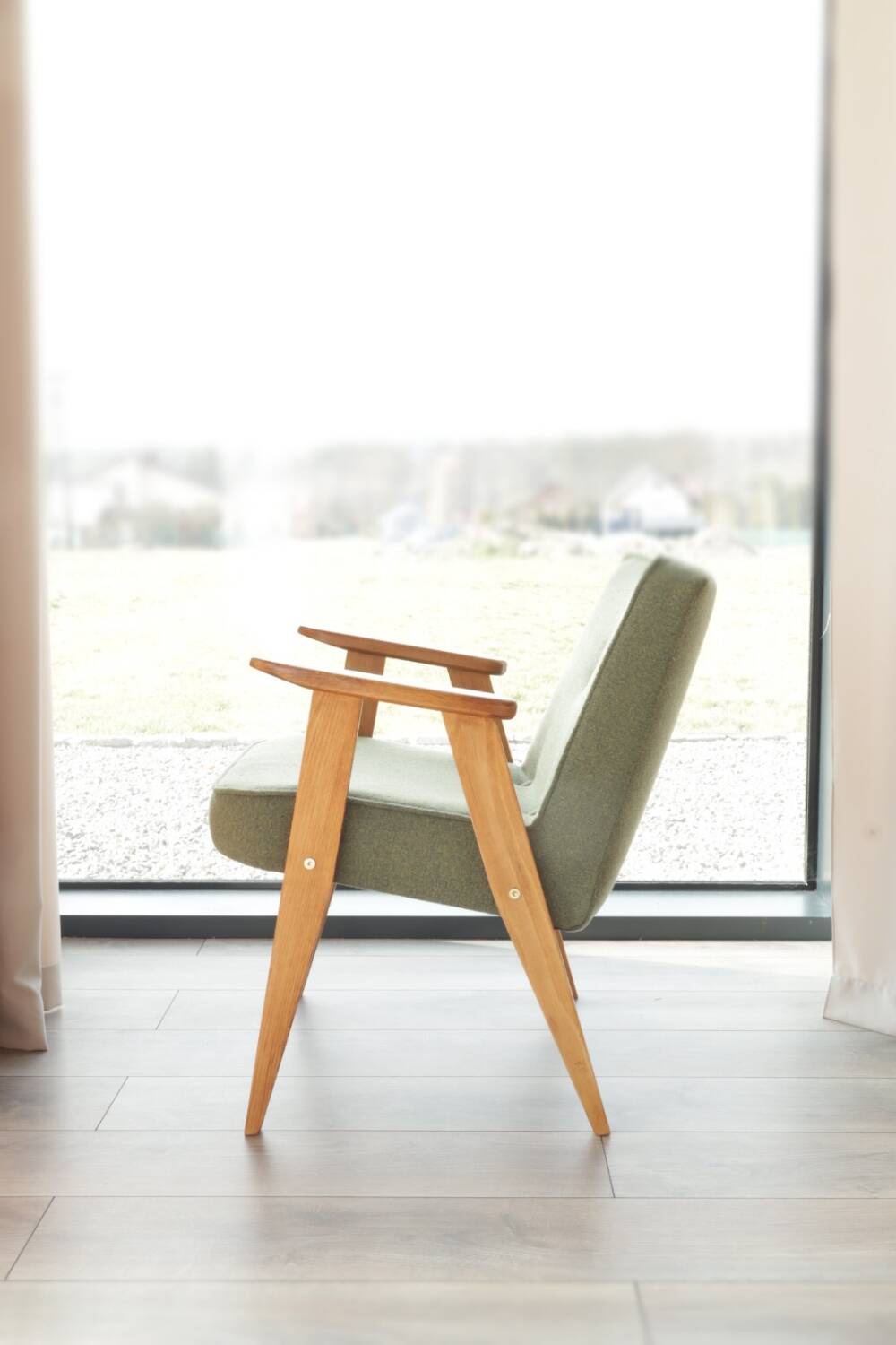 Fauteuil Lounge Vintage Bouclè Cactus, Bois Naturel Design Scandinave