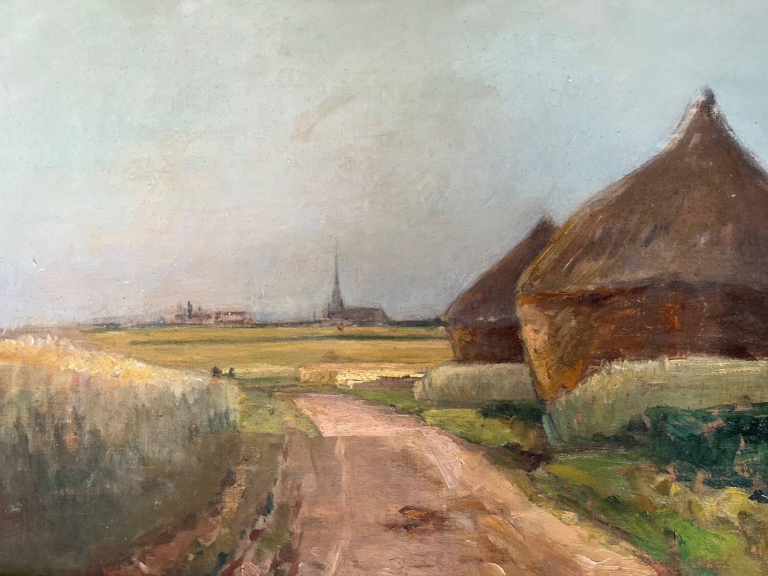 Painting: Oil on panel - landscape with haystacks