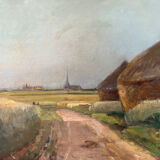 Painting: Oil on panel - landscape with haystacks