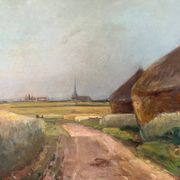 Painting: Oil on panel - landscape with haystacks