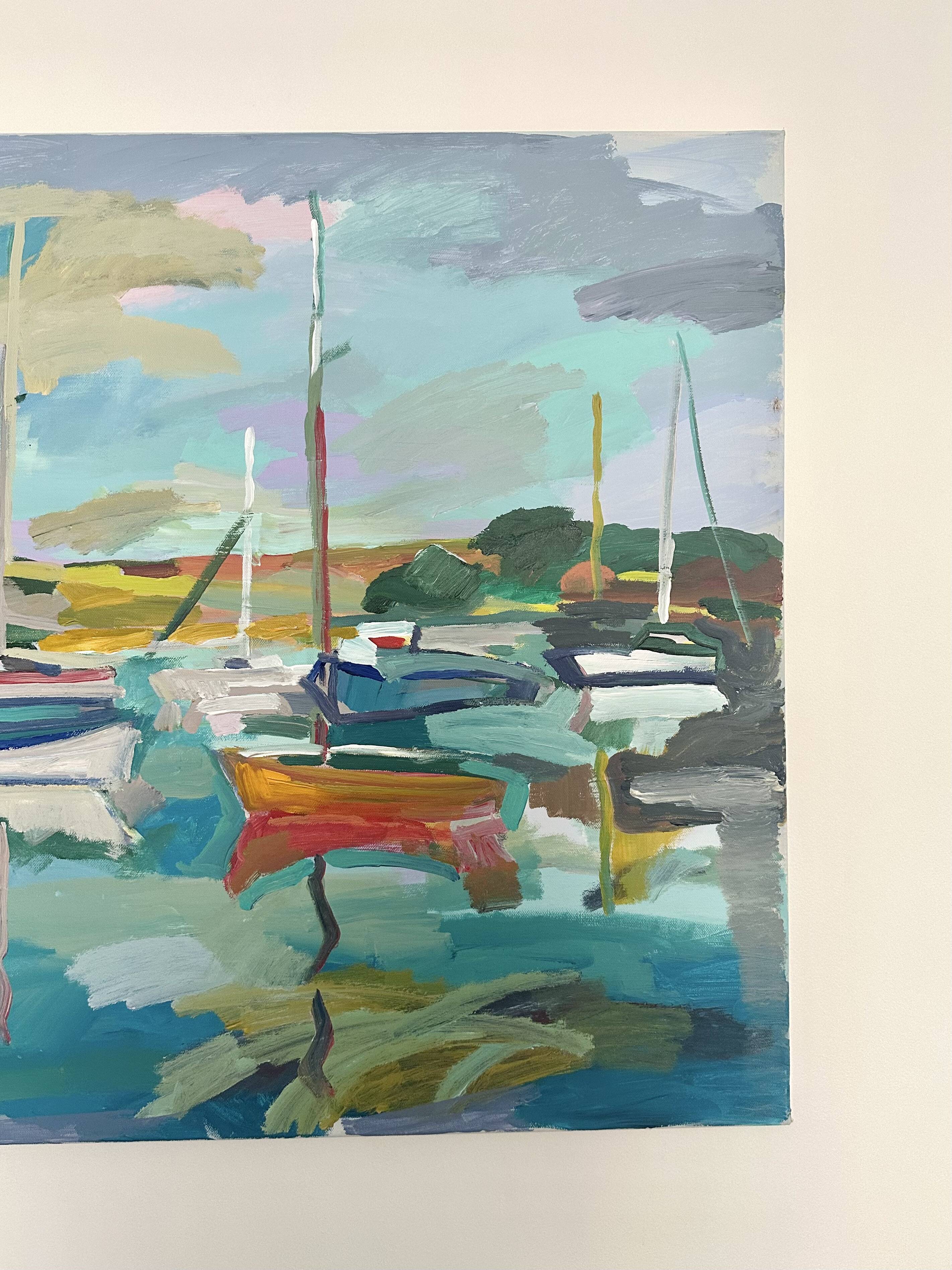 Oil on canvas port with sailing boats