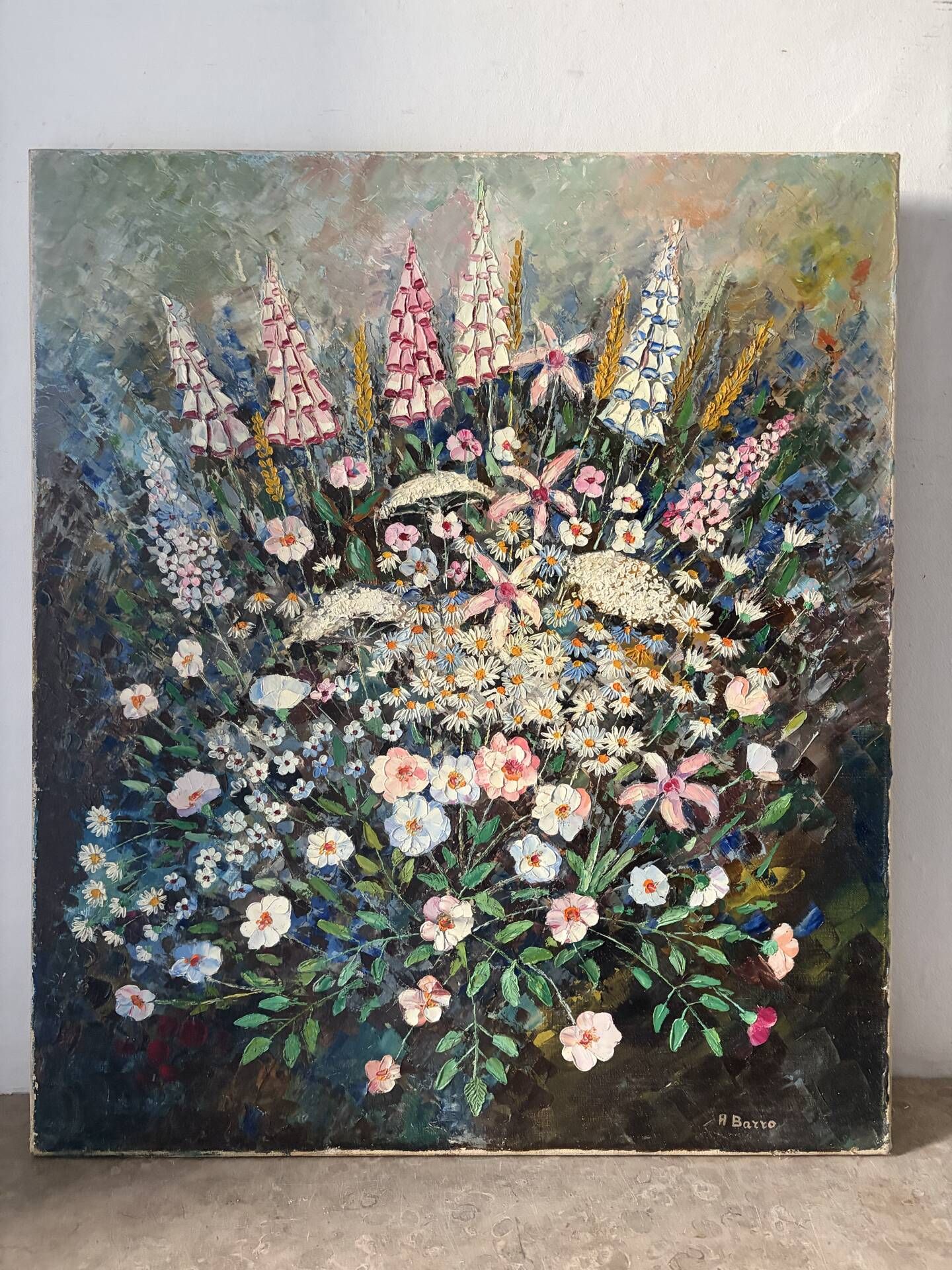 Wildflower bouquet with foxgloves, knife oil painting signed H Barro.