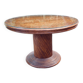 Table ronde en rotin et en osier années 80