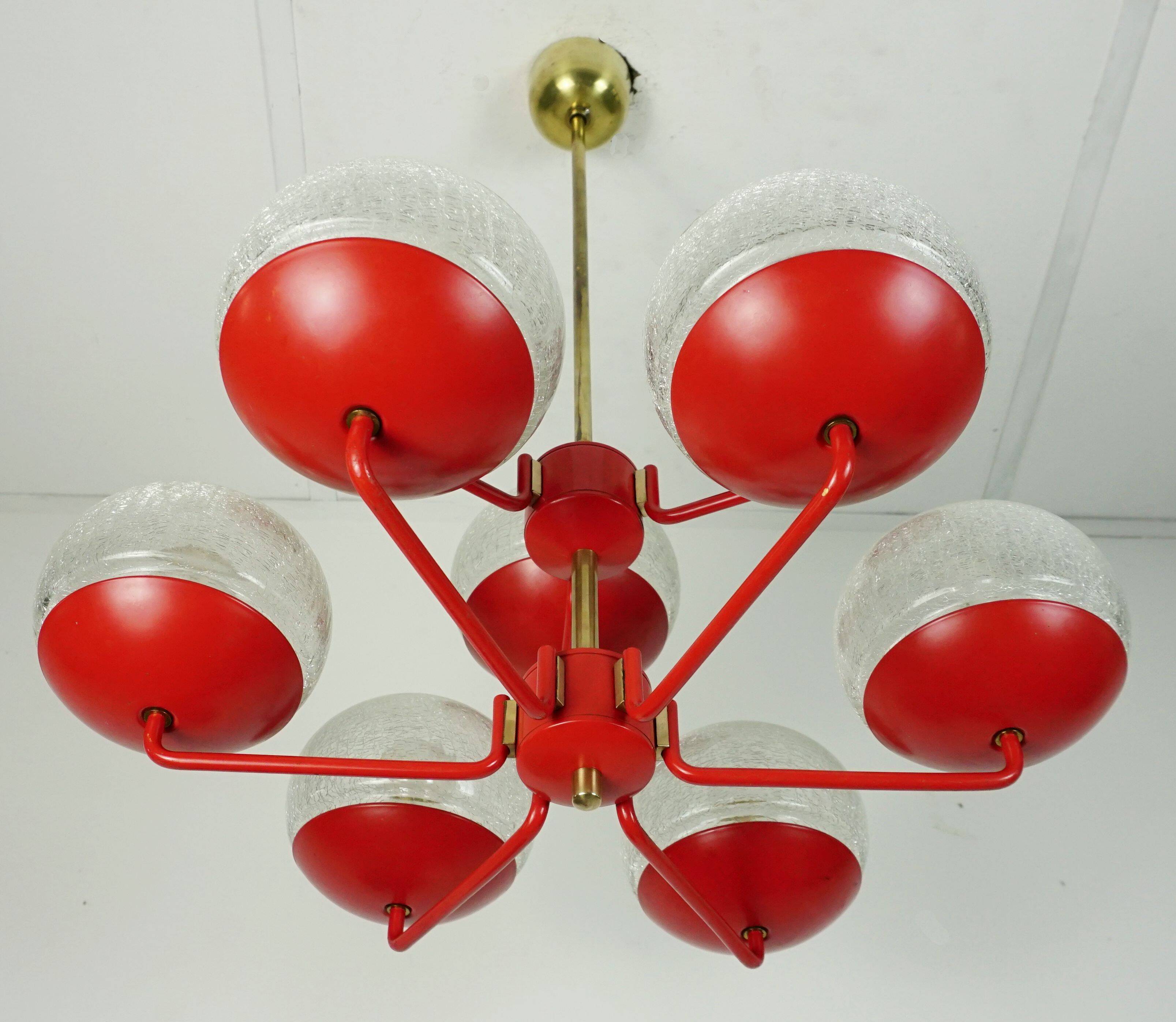 1960s chandelier, red metal and brass, 9 crackle glass shades