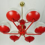 1960s chandelier, red metal and brass, 9 crackle glass shades