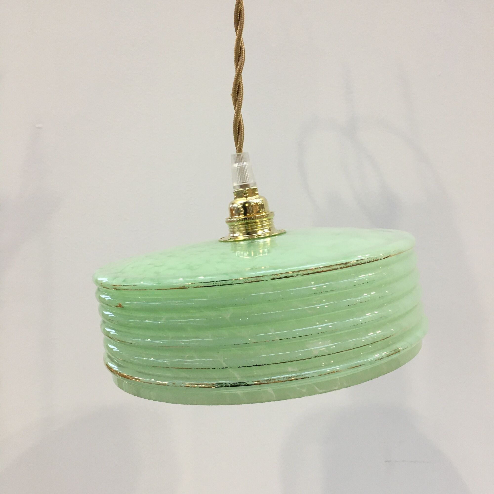 Pair of Art Deco pendant lamps in green Clichy glass