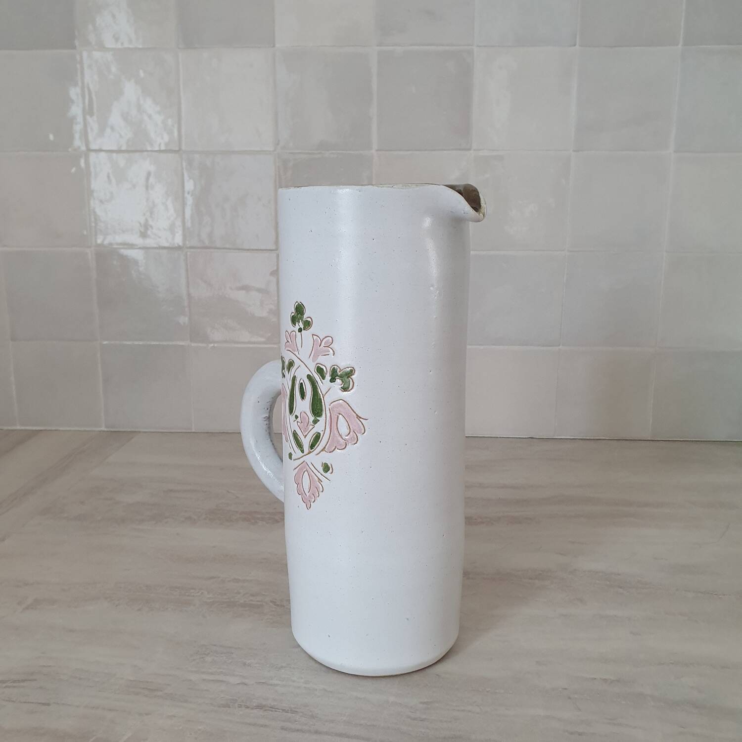 Large white jug with a pink pattern
