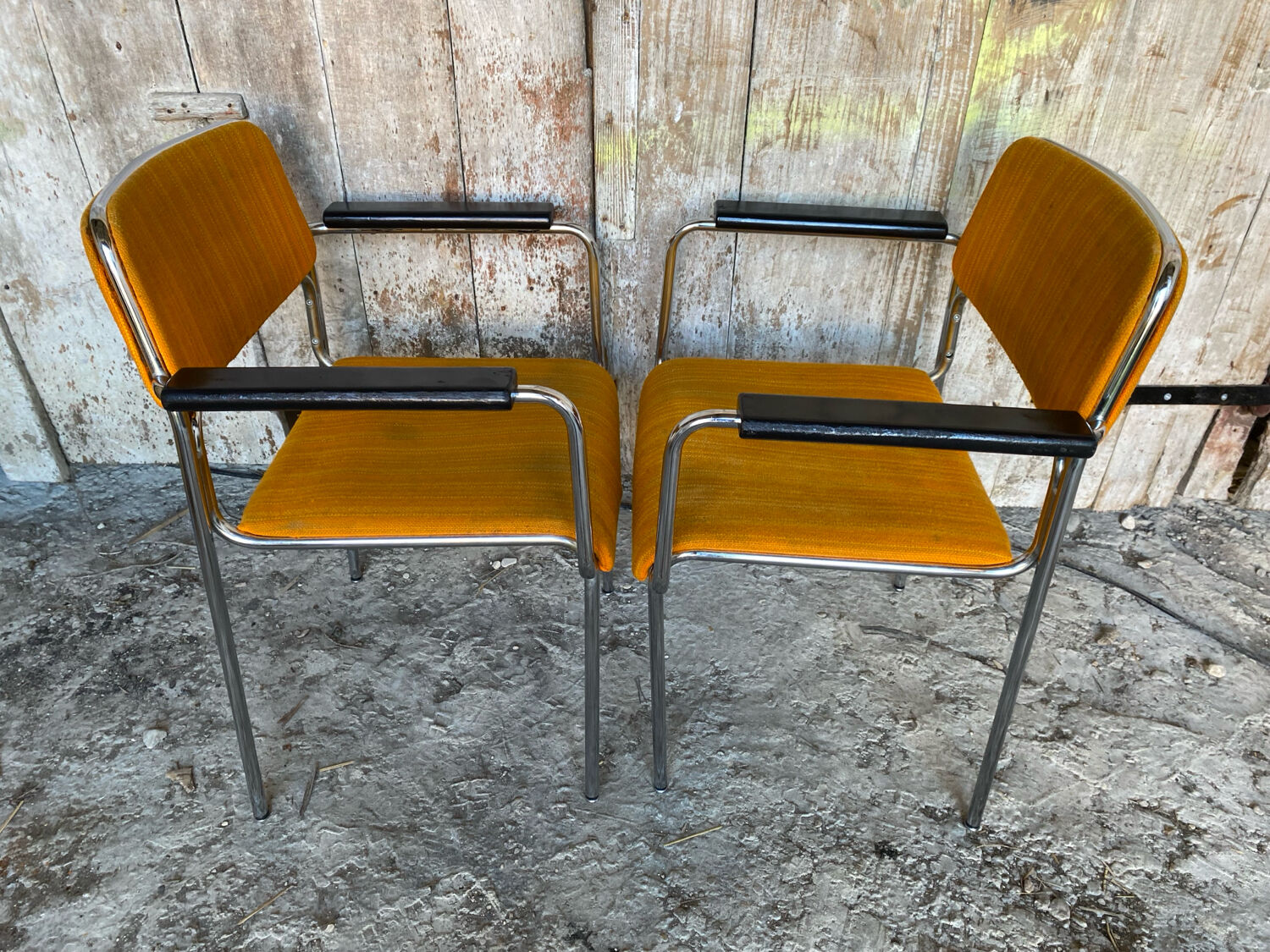 Pair of Vintage 1970s Chrome Metal Armchairs with Orange Fabric and Wood