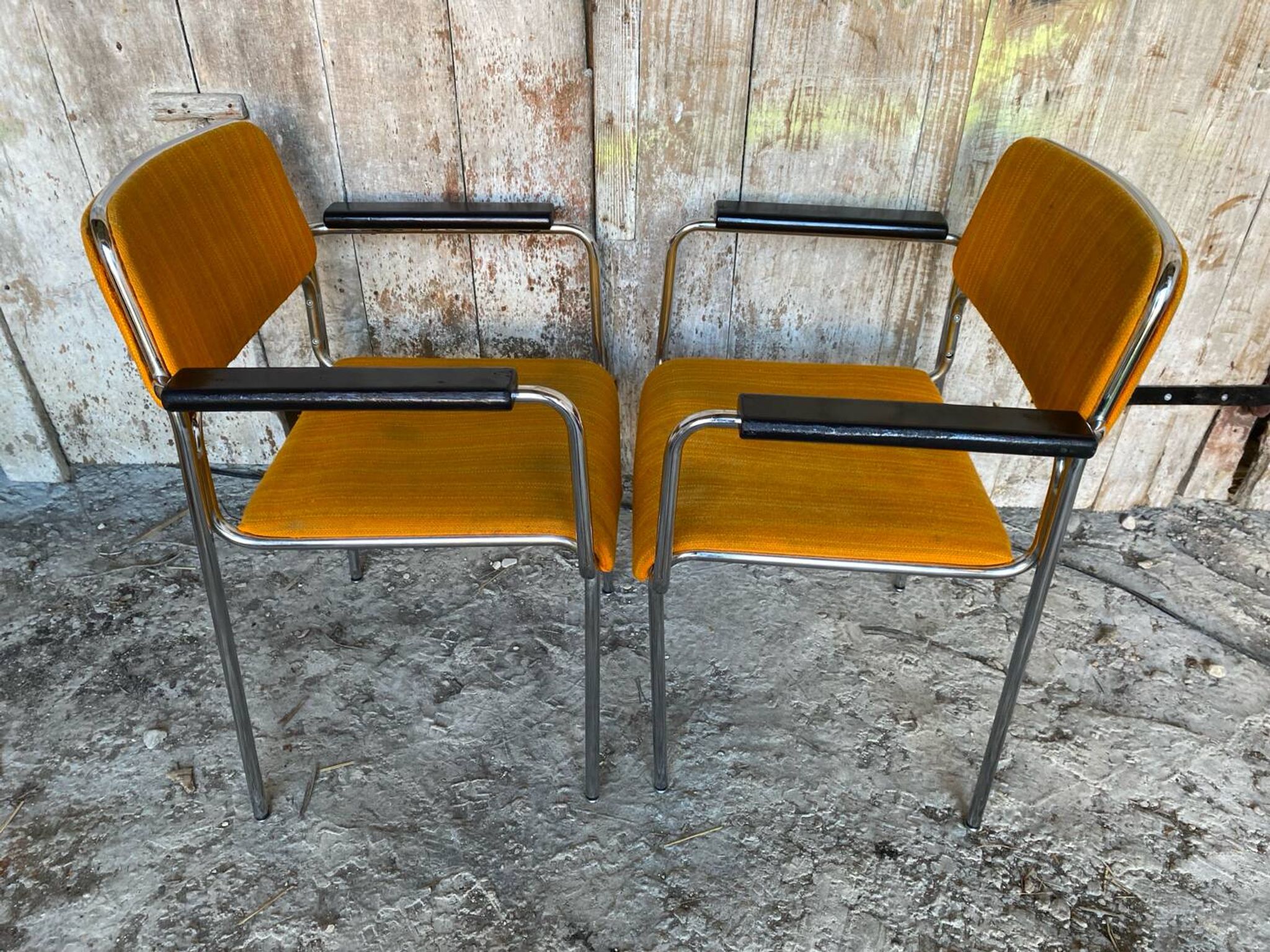 Pair of Vintage 1970s Chrome Metal Armchairs with Orange Fabric and Wood