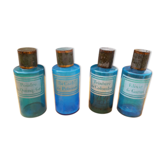 4 flacons de pharmacie 19 ème en verre bleu étiquettes sérigraphiées