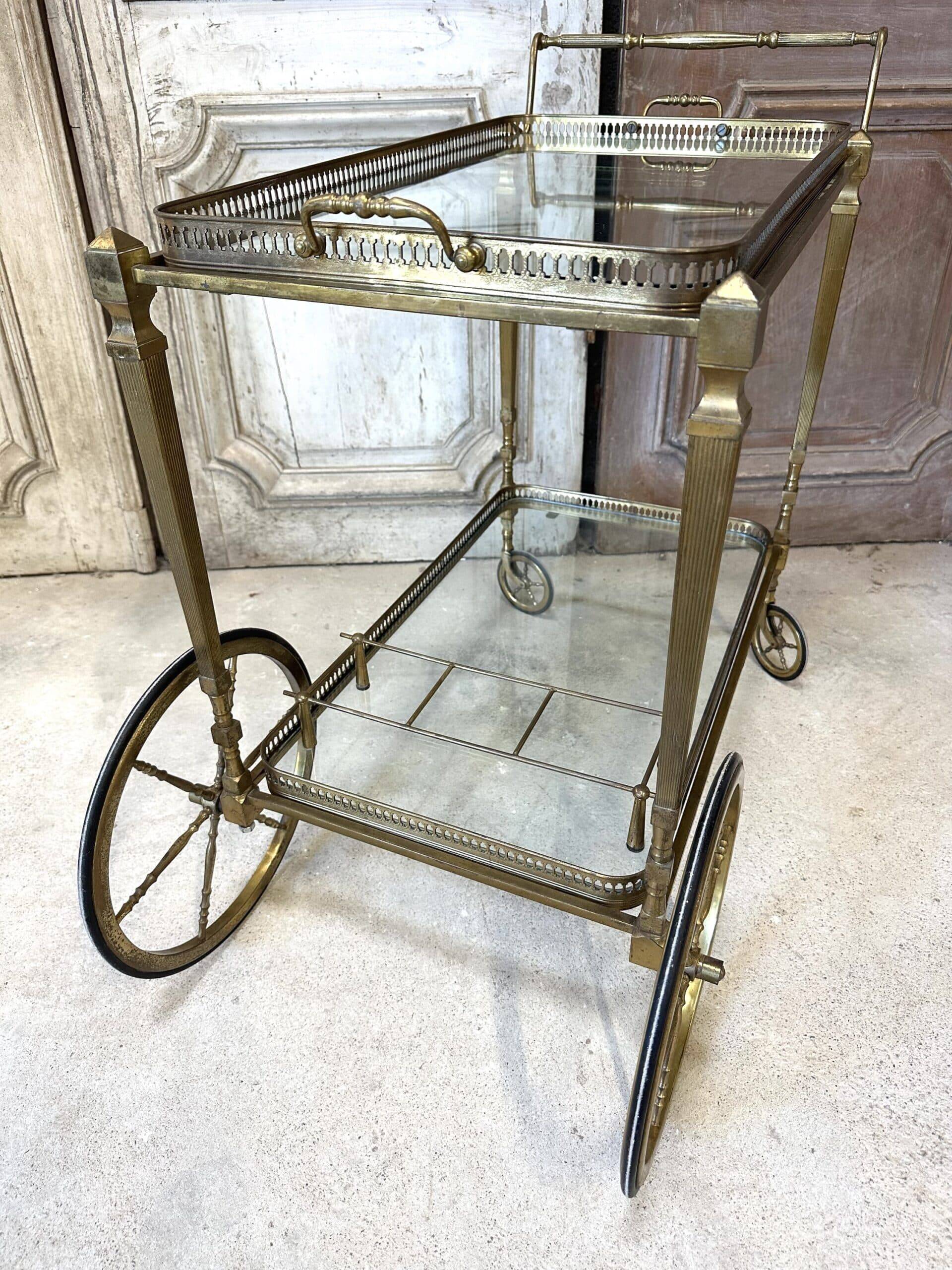 Rolling bar cart in brass and bronze circa 1960