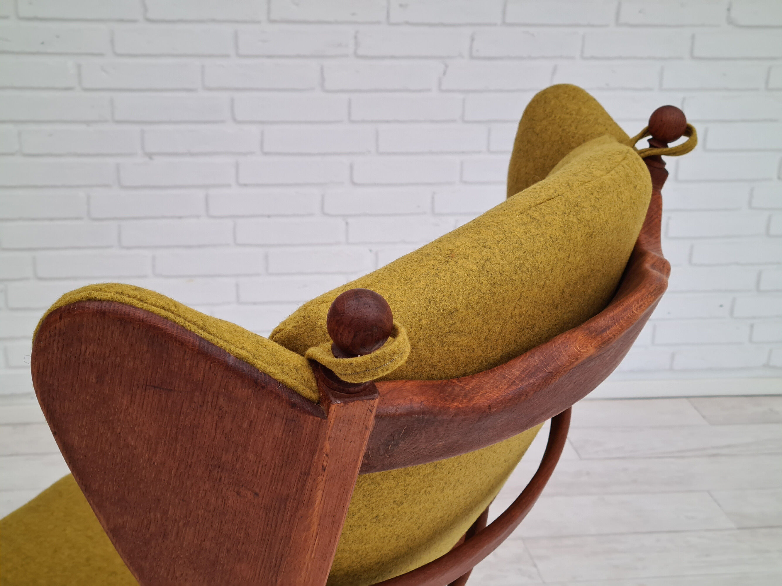Danish high-backed ear flap chair, 1960s, reupholstered, solid oak, furniture wool