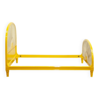Yellow lacquered wooden bed with Vienna straw, 1980s