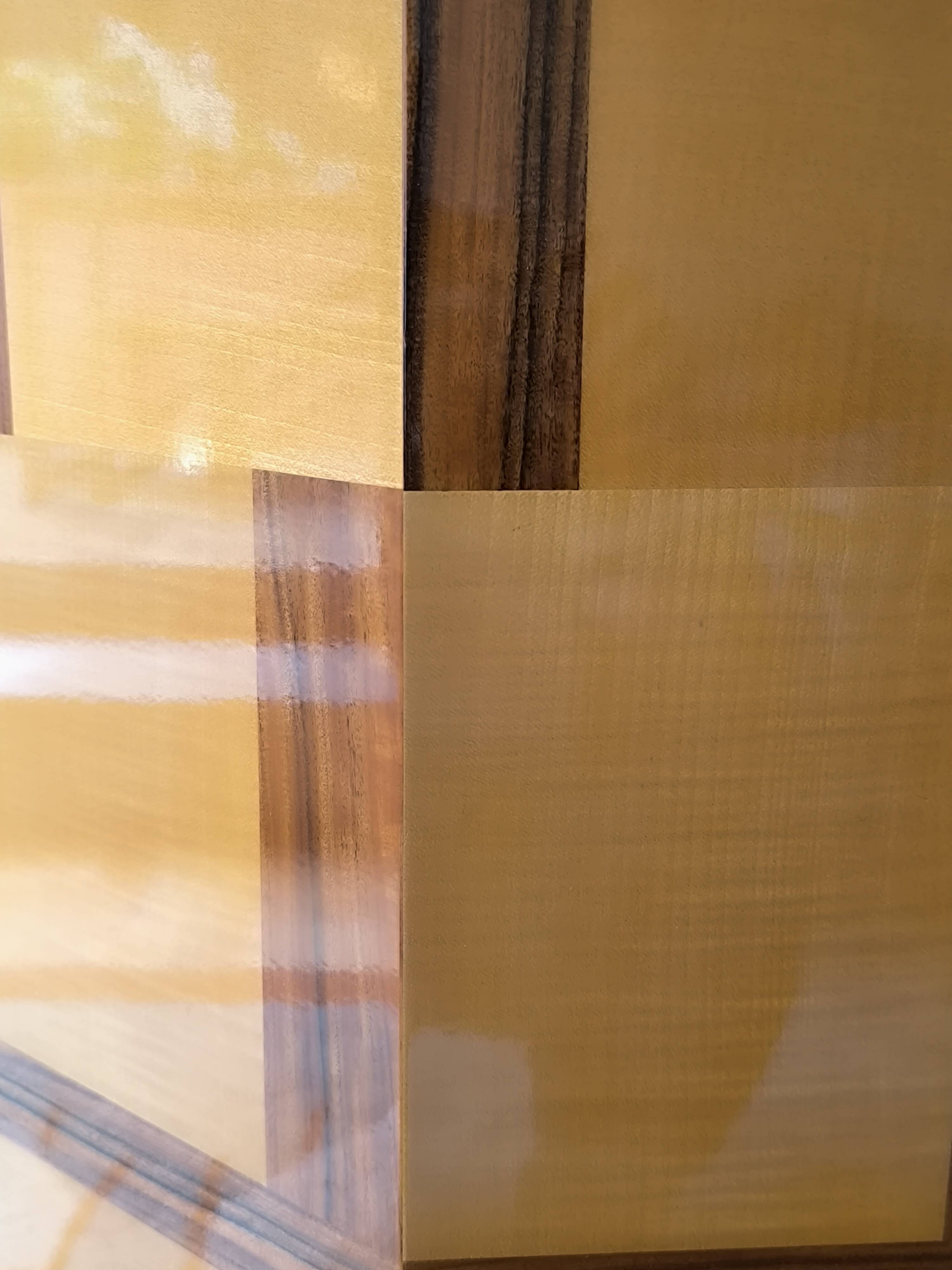 Postmodern octagonal gueridon in sycamore and rosewood, 1980–1990