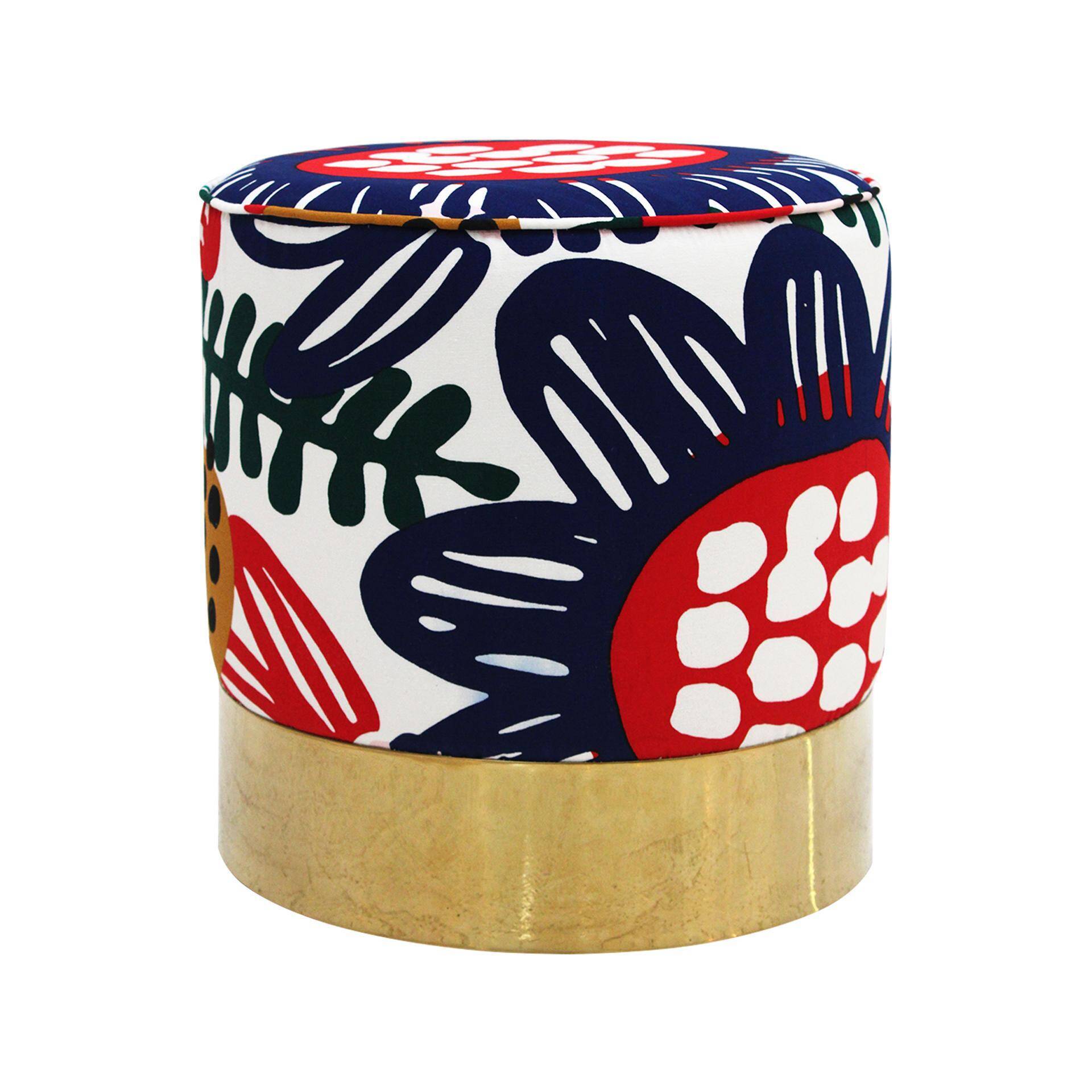 Contemporary Multicolour Floral patterned Fabric and Brass Italian Circular Pouf