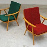 Pair of green-red boomerang armchairs by Antonin Suman for Ton (Thonet) 19