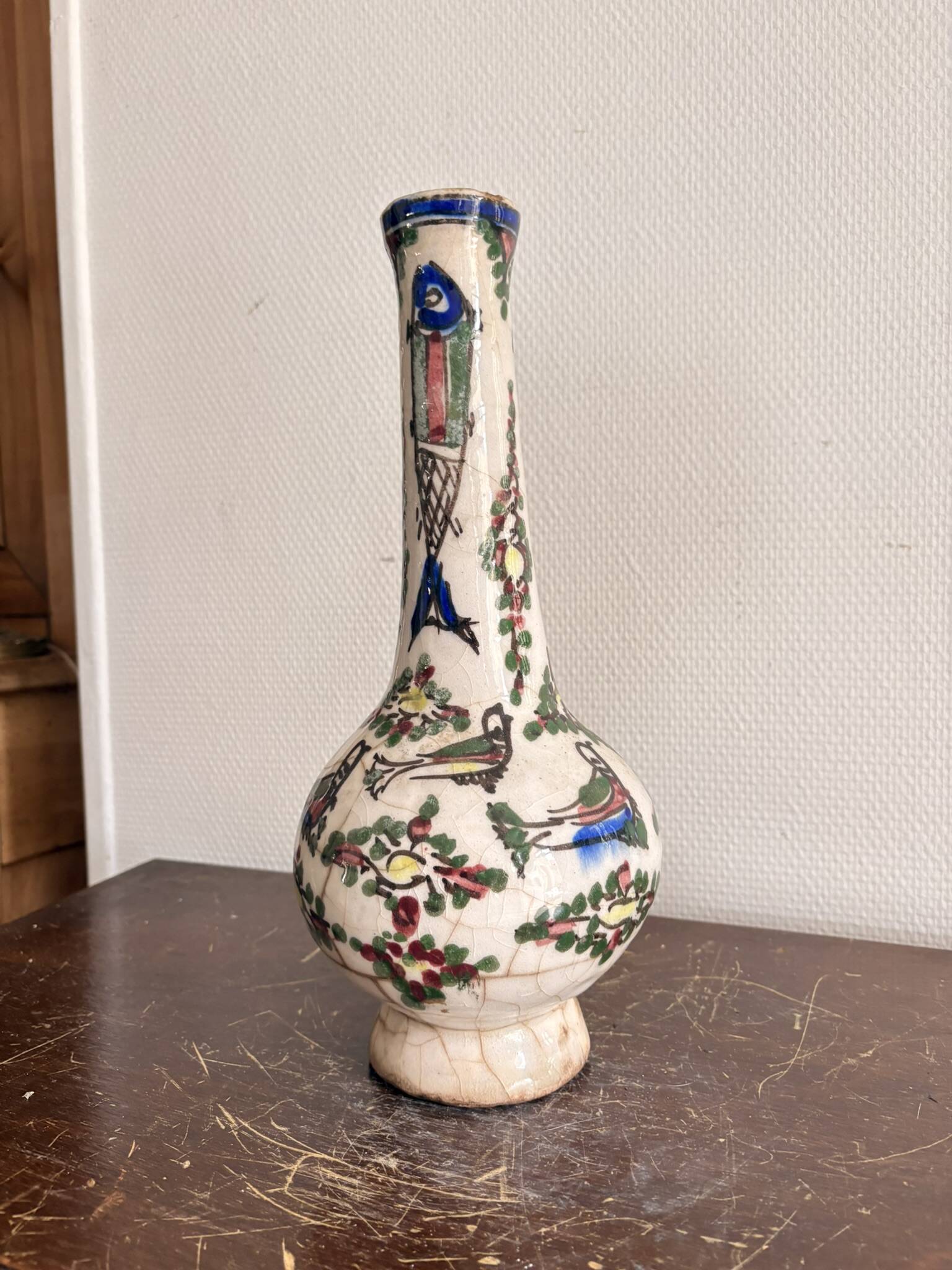 Ancient Persian Vase Iran Persia Qajar Bird Fish 19th Century