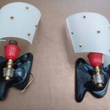 Paire d'appliques Luminaire Rockabilly années 1950 laiton, noir et rouge