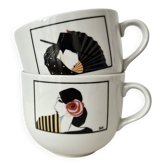 Set of 2 large Art Deco porcelain mugs by Roberto Tortoli.