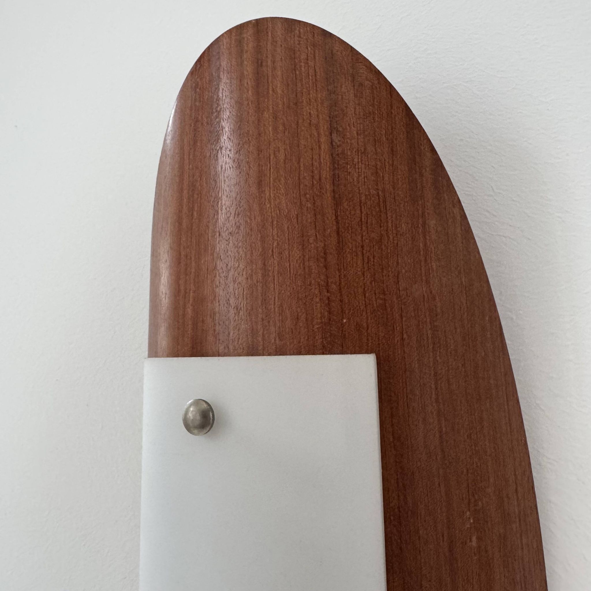 Pair of vintage wall lights in thermoformed wood and opaline glass, France, 1980.