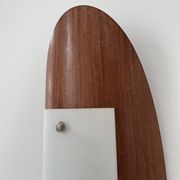 Pair of vintage wall lights in thermoformed wood and opaline glass, France, 1980.