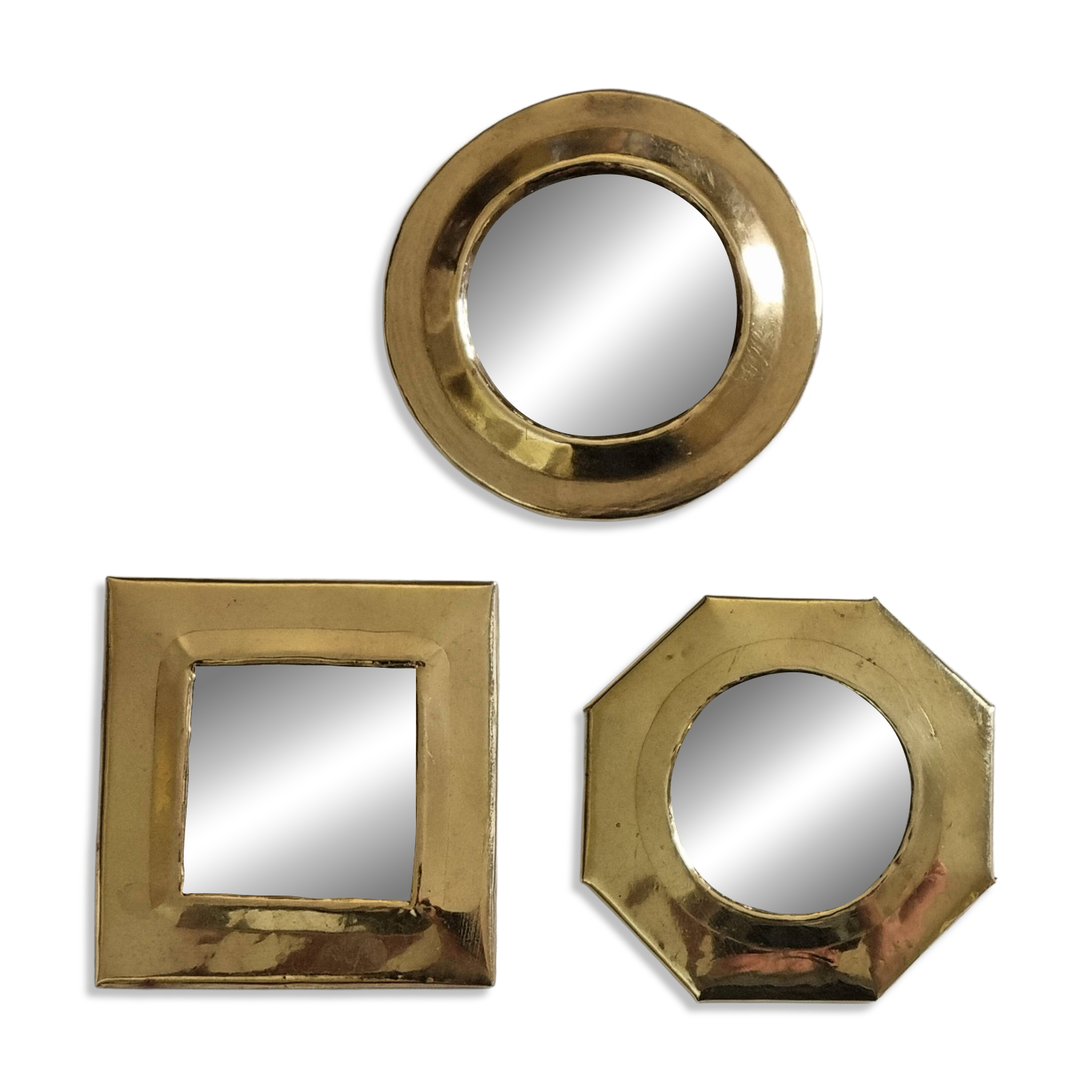 Set of 3 wall mirrors in brass, vintage Moroccan craftsmanship, 9 cm