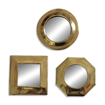 Set of 3 wall mirrors in brass, vintage Moroccan craftsmanship, 9 cm