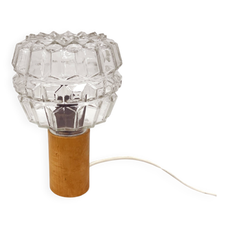 Aka leuchten – vintage pressed glass and wood bedside lamp, germany, 1970s.