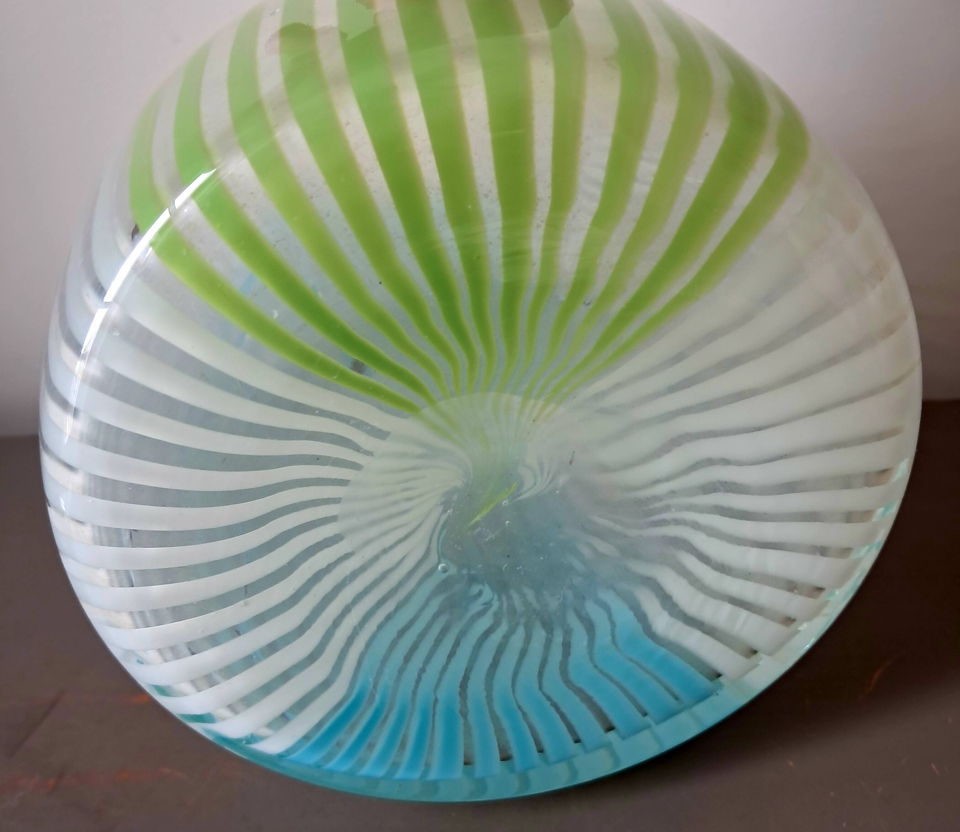 Blown glass vase with opal glass threads