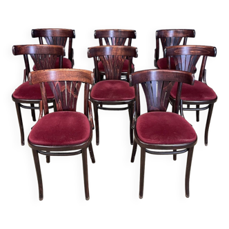 Lot de 8 chaises bistrot à palmettes bois foncé et velours rouge