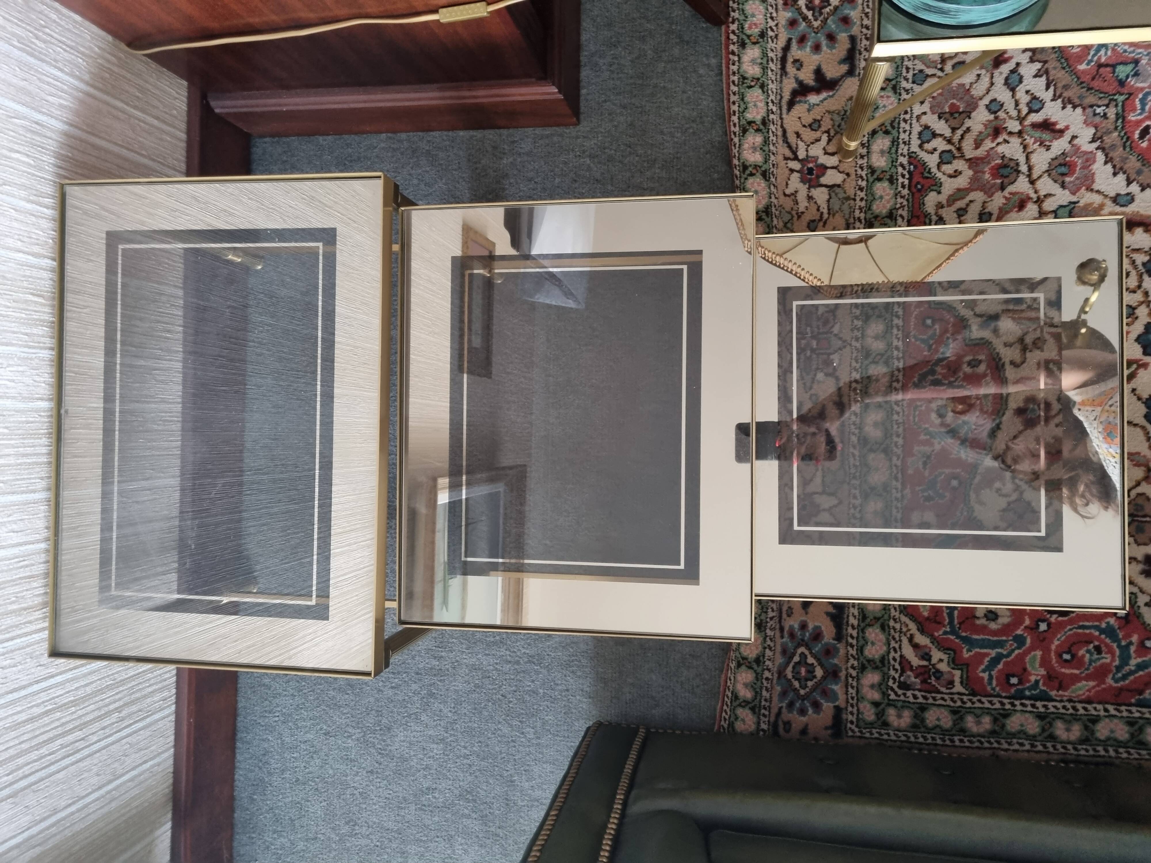 Set of three nesting tables in brass and glass