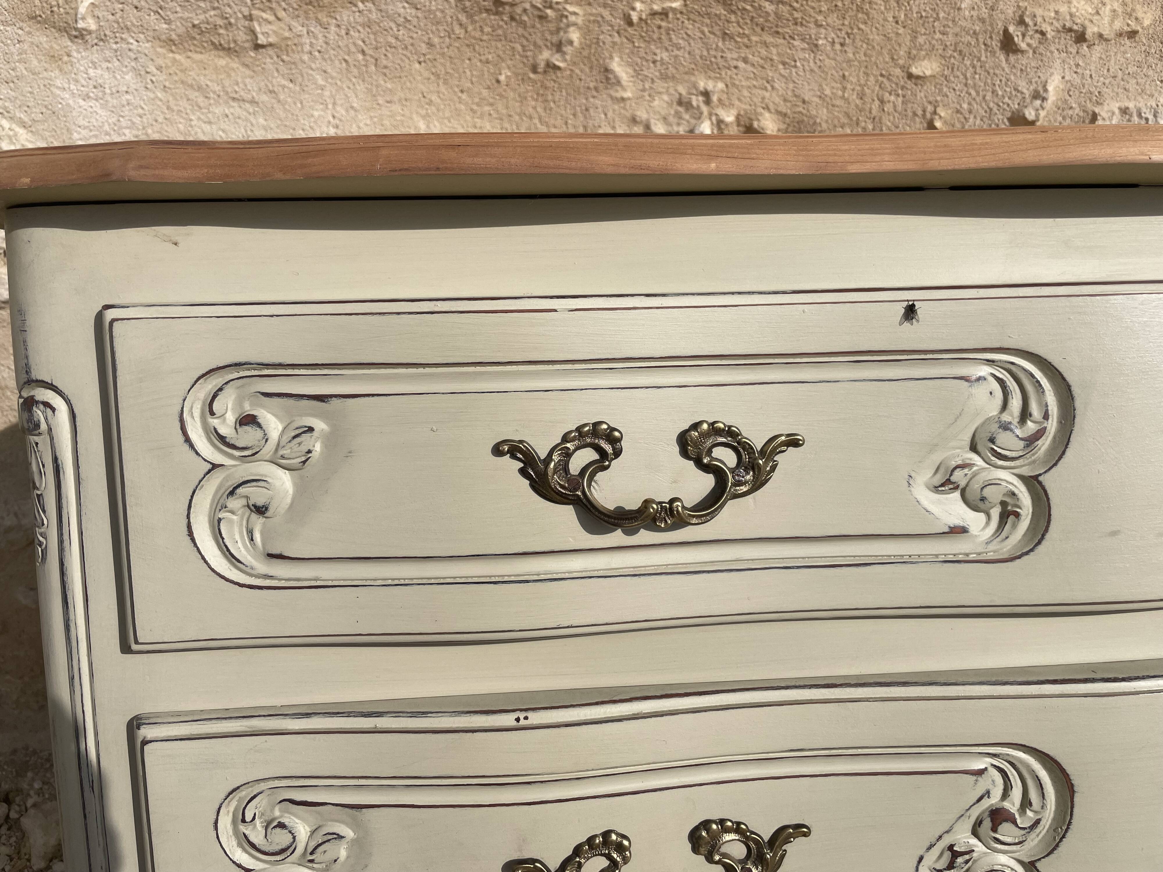 Louis XV style chest of drawers in patinated cherry wood and raw wood top