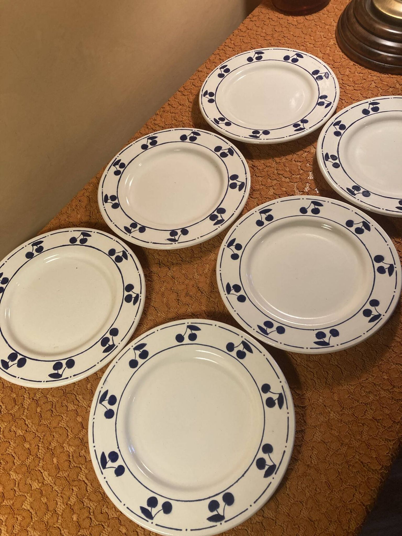 13 plates Longchamp pottery cobalt blue cherries