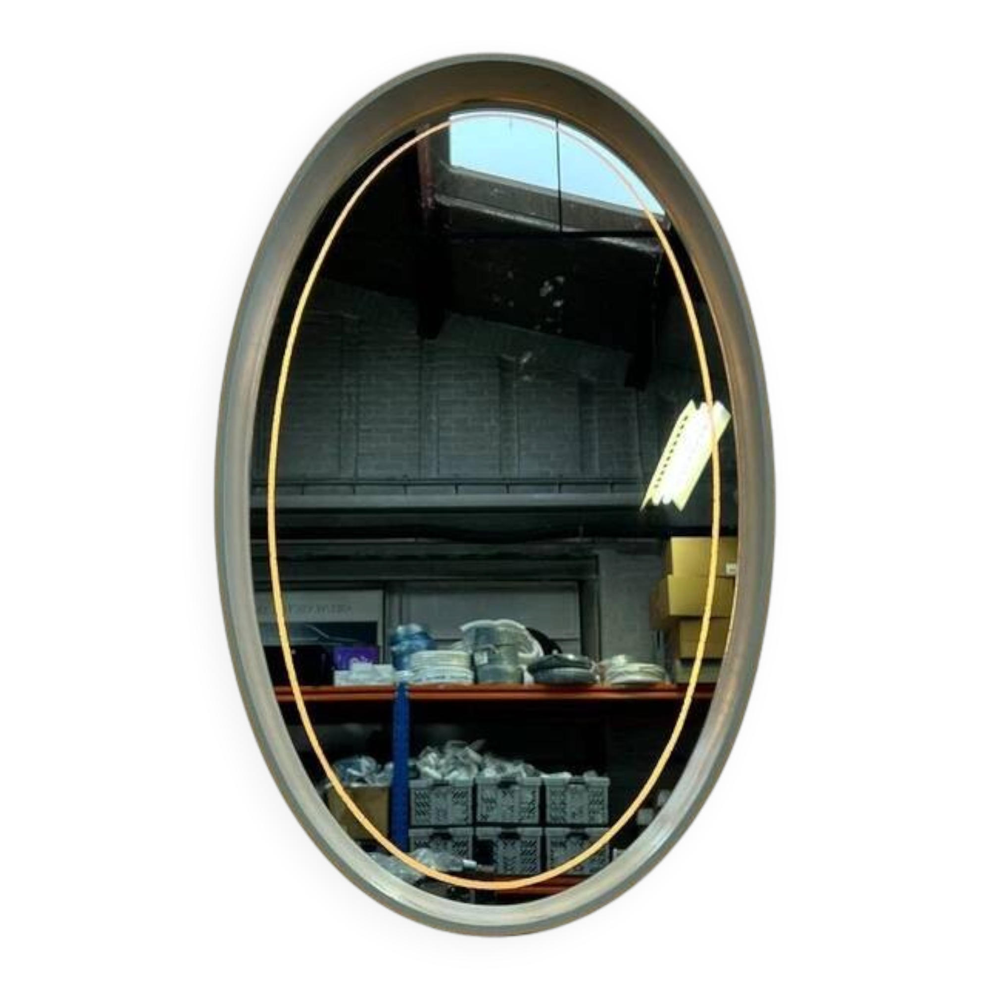 Vintage Oval Mirror with Lighting in Wooden Frame, Hillebrand Germany 1970s
